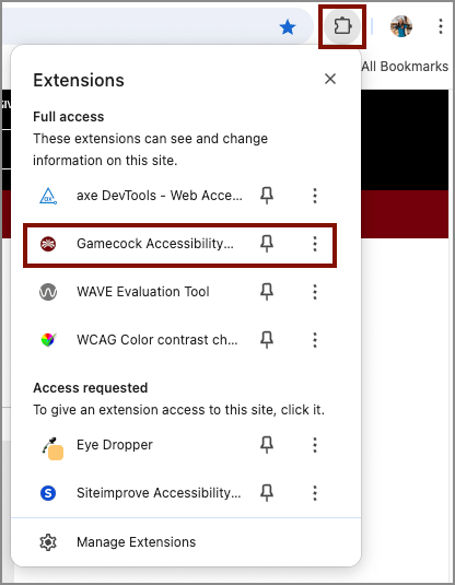 Screenshot of the expanded extensions menu in Chrome. Gamecock Accessibility Checker is highlighted within the menu.