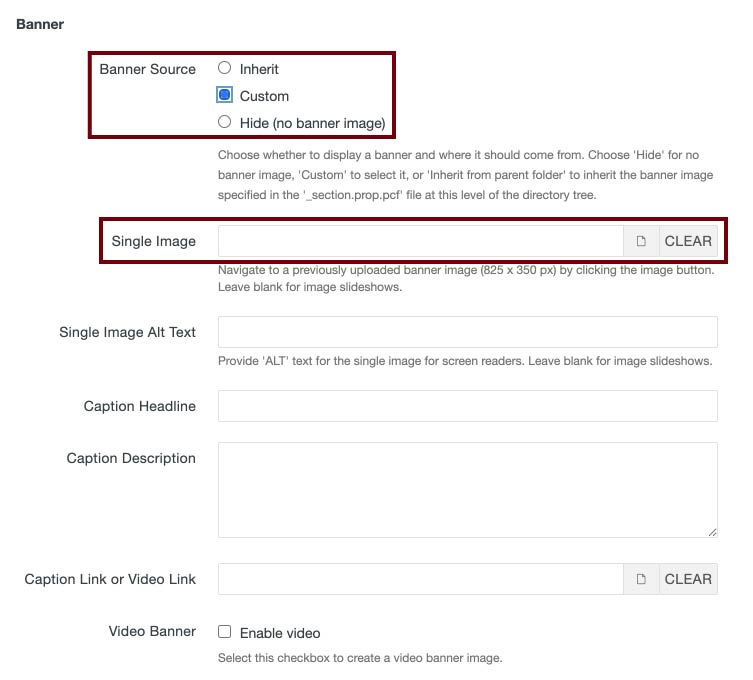 A screenshot of Banner properties. The Banner Source section is surrounded by a garnet rectangle for emphasis and includes three radio buttons, with Custom selected. Below this text is the Single Image section, which is also surrounded in a garnet rectangle for emphasis. It includes a blank text field, choose image button, and Clear button.
