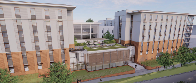 Architectural rendering of a modern campus residential complex featuring two multi-story residence halls connected by a central glass building. The design includes white and light gray upper façades with brick lower levels, large windows, landscaped green spaces, rooftop terraces with outdoor seating, and pedestrian walkways. Trees and people throughout the scene illustrate the scale and create a vibrant, welcoming campus environment.