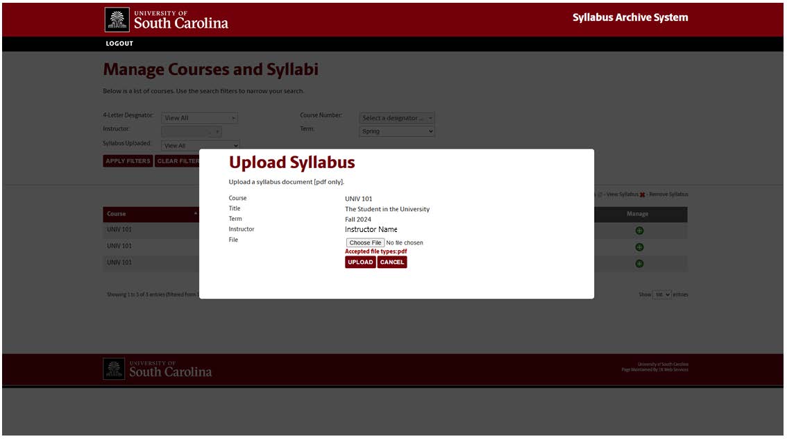 screenshot showing Upload Syllabus screen popup