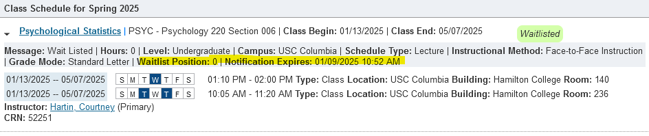 Schedule Details screenshot showing waitlist position 0 and deadline date and time