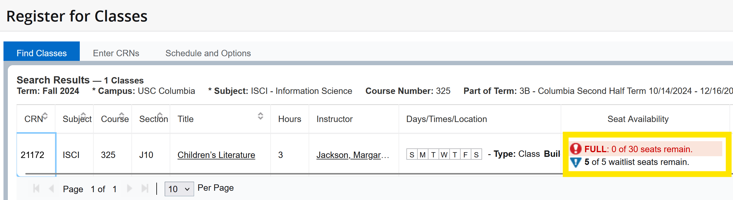 Screenshot of Register for Classes in Self Service Carolina showing waitlist seat availability in the Seat Availability column