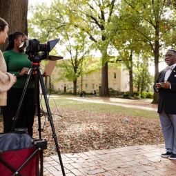 Rex Tolliver being interviewed on the horseshoe