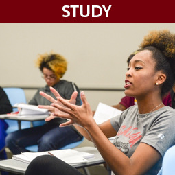 Student expresses her thoughts with her hands in class discussion