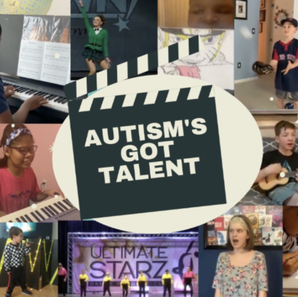 In the center of the image is a black square with "Autism's Got Talent" in white font. The background has photos of different performances from previous AGTs.