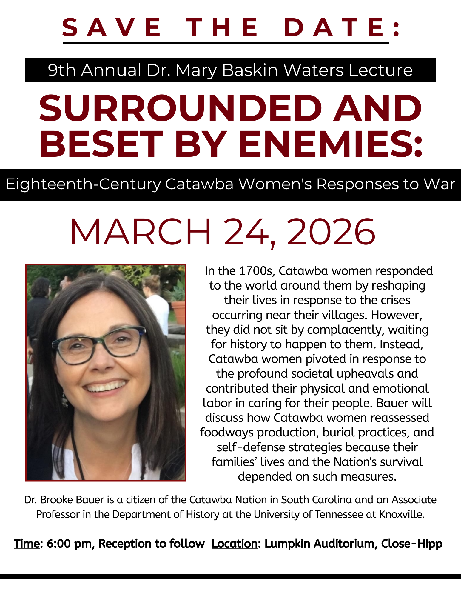 Save the date flyer for Mary Baskin Waters lecture 2026