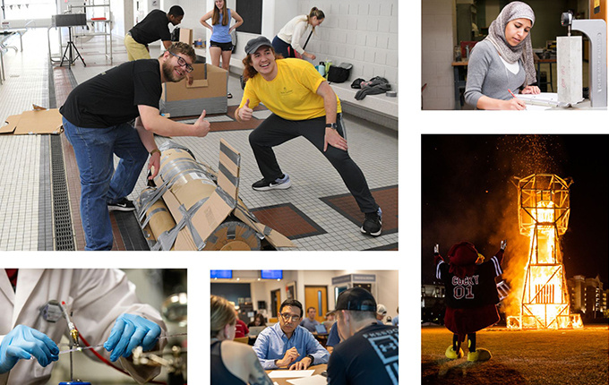 collage of five images: top left two students giving a thumbs up signal above their cardboard rocket; top right - student writing research notes in notebook in a lab; bottom left - student hands heating glass tube to seal it; bottom middle - faculty member meeting with students in cafe; bottom right - image of student made large scale tiger effigy burning with USC mascot Cocky in the forefront. 