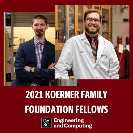 two photos of grad students in a lab. college logo underneath with 2021 Koerner Foundation Fellows