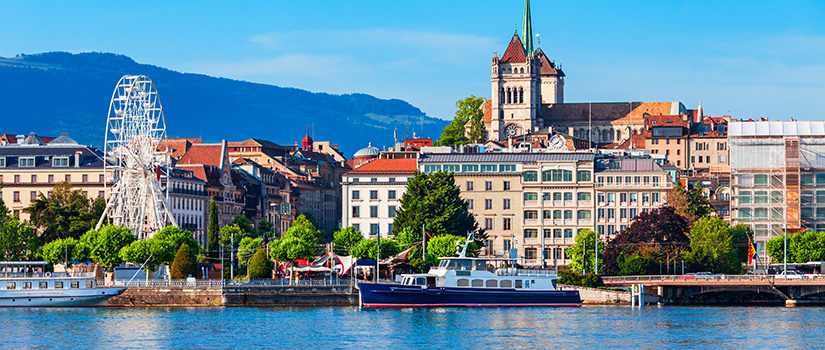 Geneva city panoramic view. Geneva or Geneve is the second most populous city in Switzerland, located on Lake Geneva.