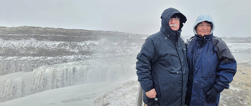 Fran and Dennis Nolan on a cold day in Akureyri in northern Iceland during one of their recent international travels. 