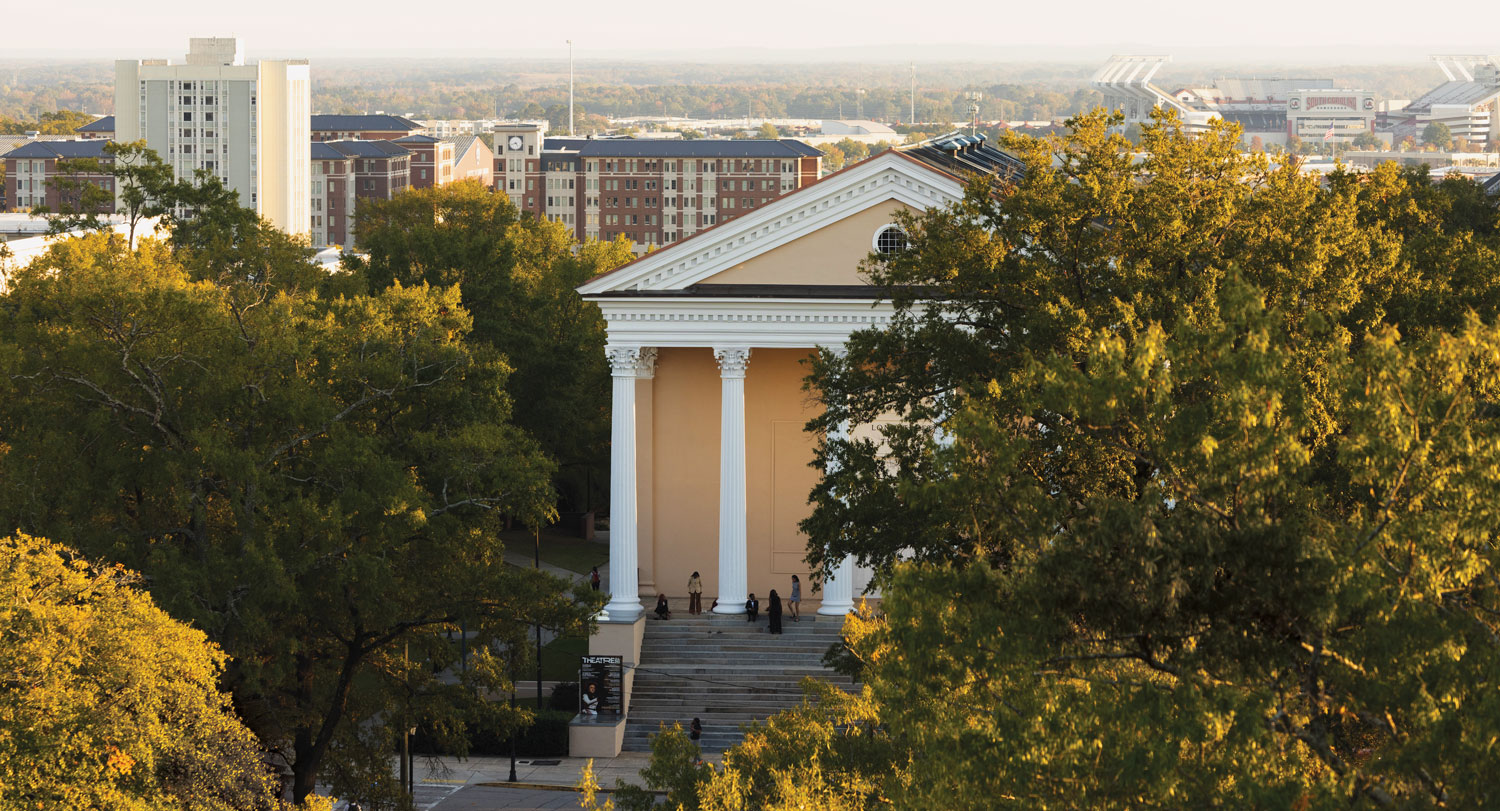 Bird’s eye view of Longstreet Theatre with Campus Village to the left and Williams-Brice stadium to the right.