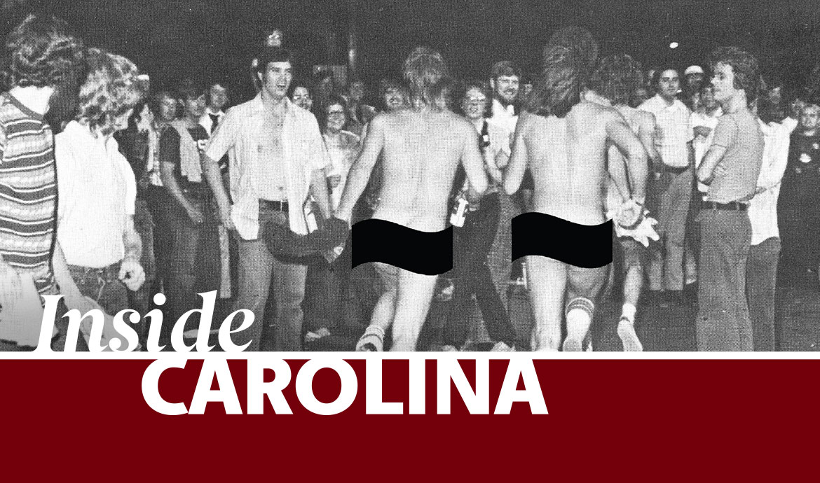 graphic that has a frame with the words Inside Carolina over an archival image of two men streaking through a crowd of people 