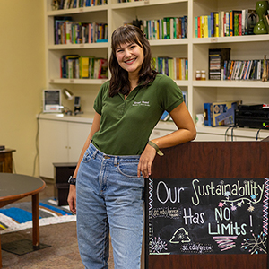 Maggie Gaspar stands in the Green Quad.