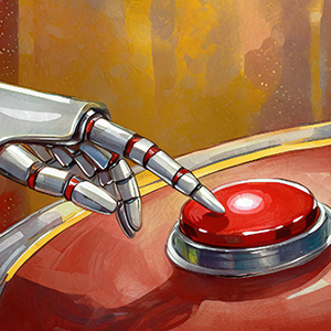 A robot hand pushes a red button.