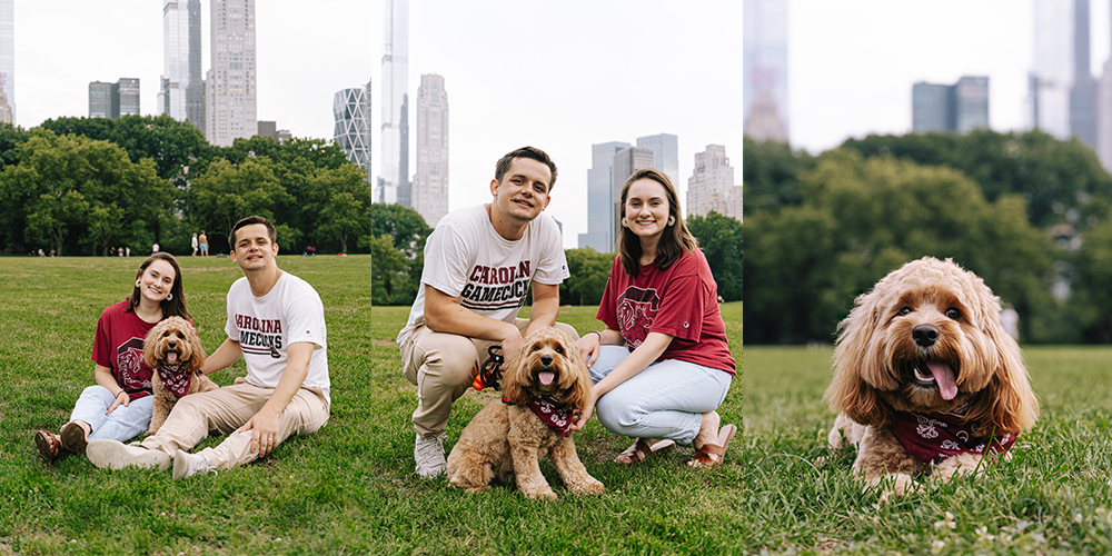 Madison and Robby Patterson pose in Central Park with their dog Burrow for the Gamecocks of NYC series.